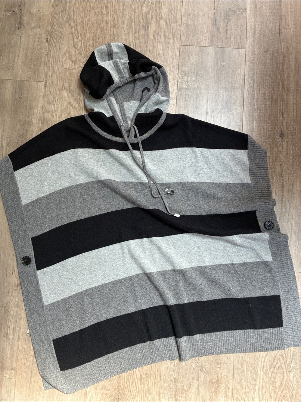 Vince Camuto Striped Hooded Poncho Sweater - Black & Gray